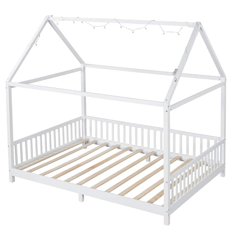 Solid Wood House Bed with Guardrail, LED and Roof for Kids, Boys and Girls