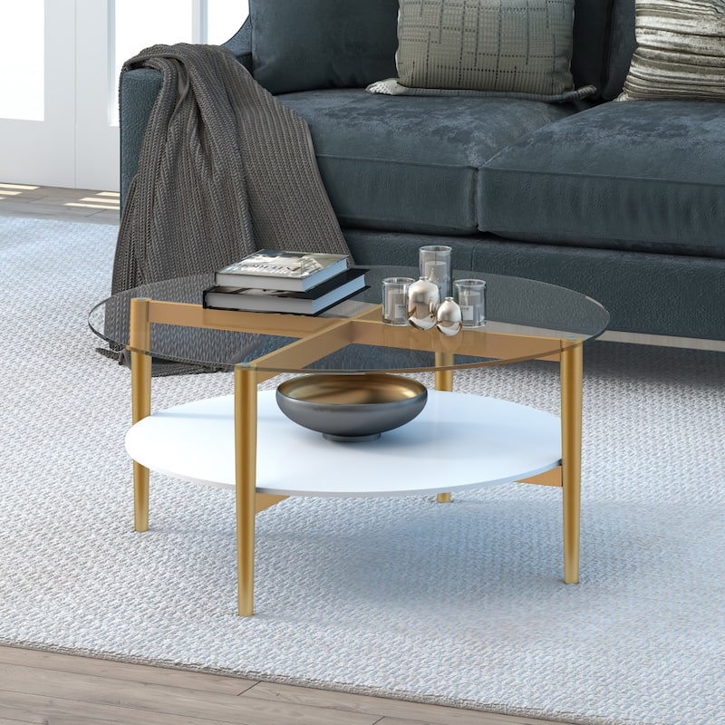 36-Inch Round Glass Coffee Table with Gold Steel Base and Shelf for Storage Modern Living Room Accent Piece - 36"L x 36"W x 17"H