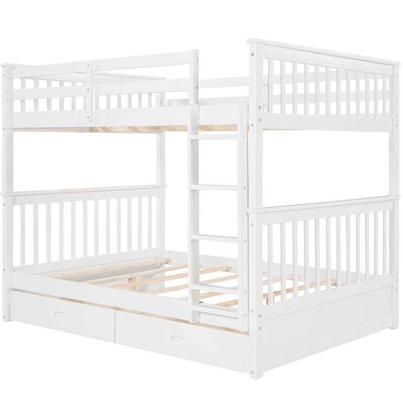 Full-Over-Full Bunk Bed with Ladders and Two Storage Drawers in White