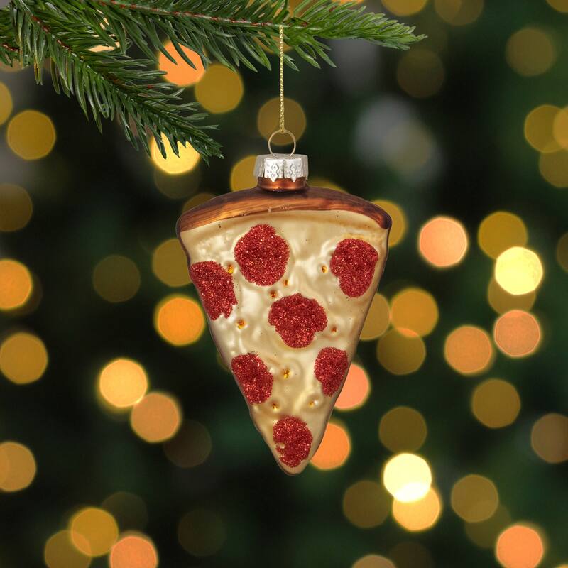3.25" Beige, Red, Brown Pepperoni Pizza Slice Glass Christmas Ornament