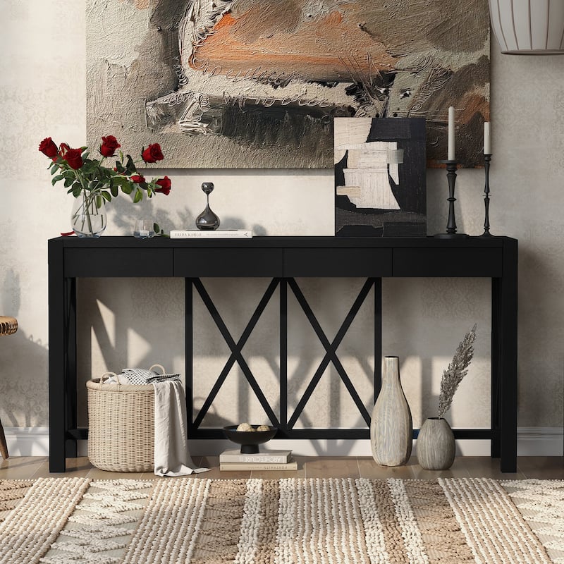 Modern 60" Long Console Table Acacia Veneer Entryway Table with 4 Drawers - Black