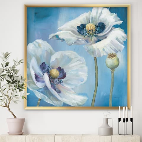Designart "White Flower on Blue I" Farmhouse Framed Art Print