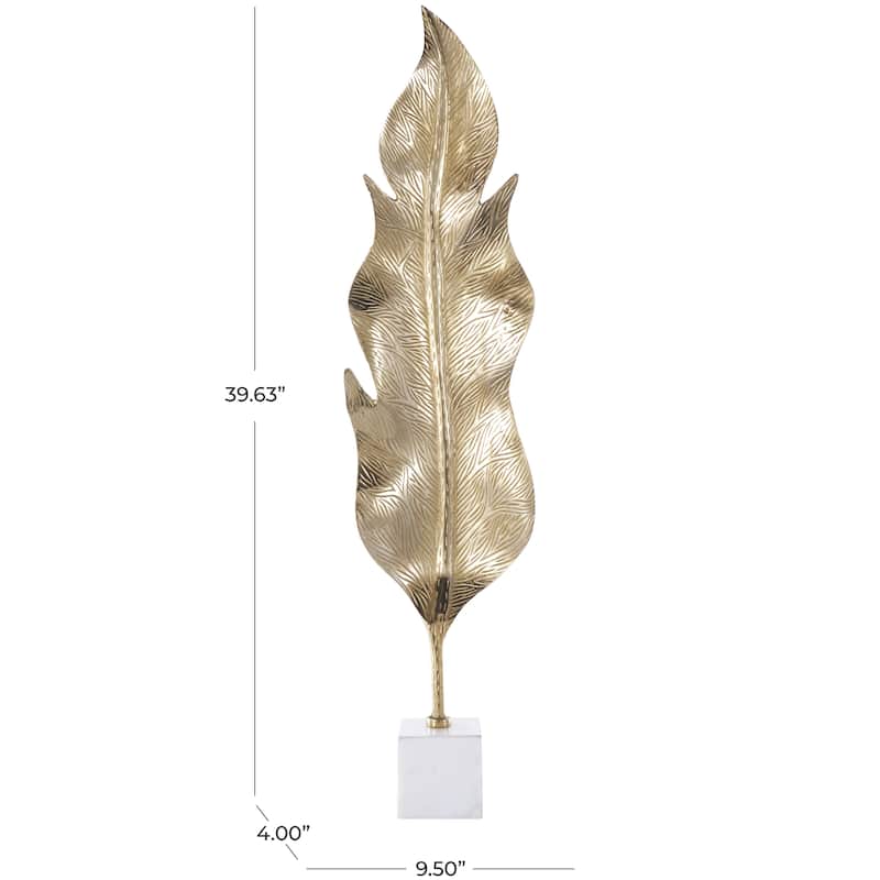 Aluminum Metal Leaf Tall Textured Decorative Sculpture with White Marble Base - Gold - Roche River Decor