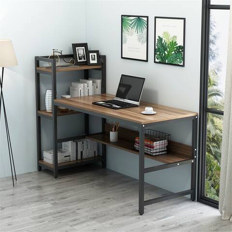 60" Computer Desk with Hutch Bookshelf, Reversible Home Office Desk