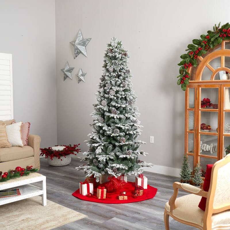 7.5ft Flocked Christmas Tree with Lights - Slim Pencil Artificial Tree, Pre-Lit Holiday Decor - White - 84