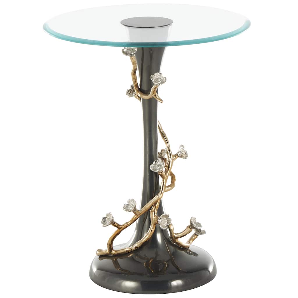 Aluminum Metal Floral Twisted Vine Side End Accent Table with Glass Tabletop - Black - Roche River Decor