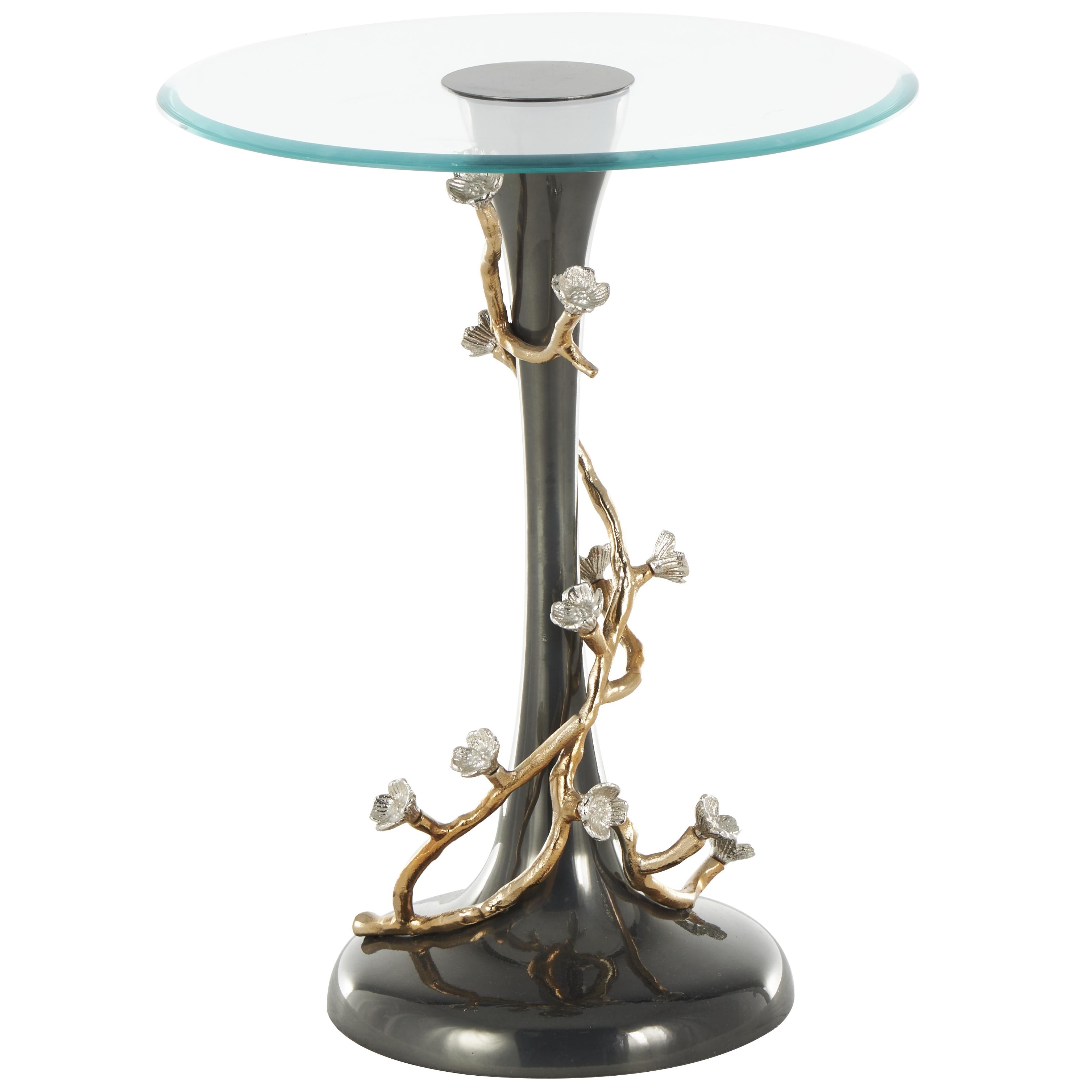 Roche River Decor - Aluminum Metal Floral Twisted Vine Accent Table with Gold and Silver Accents and Glass Tabletop - Black