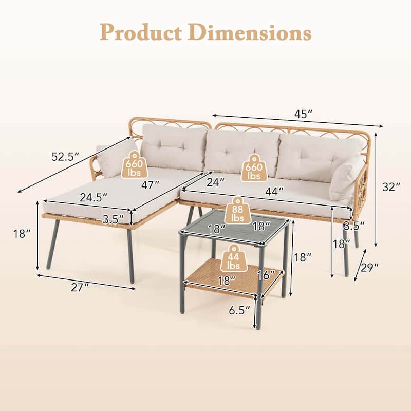 Costway 3 PCS Corner Patio Furniture Cushioned Sofa Set with Small - See Details