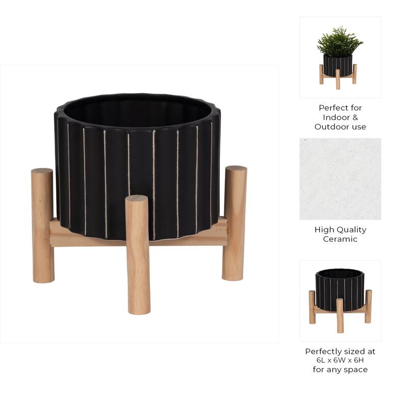 Ceramic Fluted Planter with Wood Stand - Black