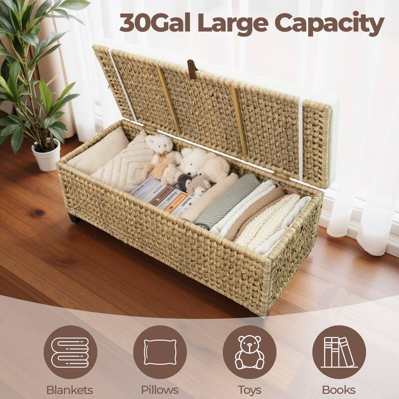Wicker Storage Bench with Cushion for Bedroom, Living Room, Porch - 18.5'' H X 43.3'' W X 18.5'' D
