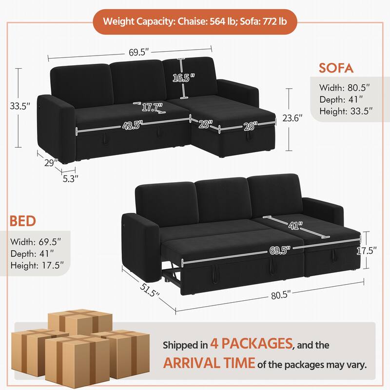 Yaheetech L-Shaped Reversible Sectional Sofa with Pull Out Bed & Storage - 83"x 57.5"x33"