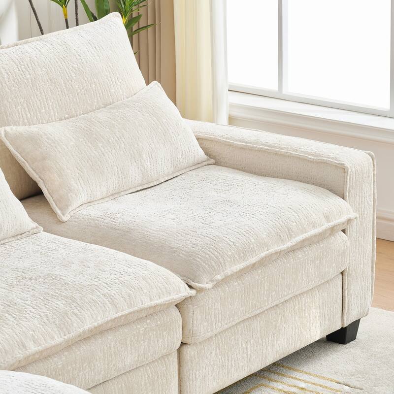 Cloud Chenille L-shaped Sectional Sofa, Deep Seat Couch with Thick Cushions, Movable Ottoman and Waist Pillows for Living Room