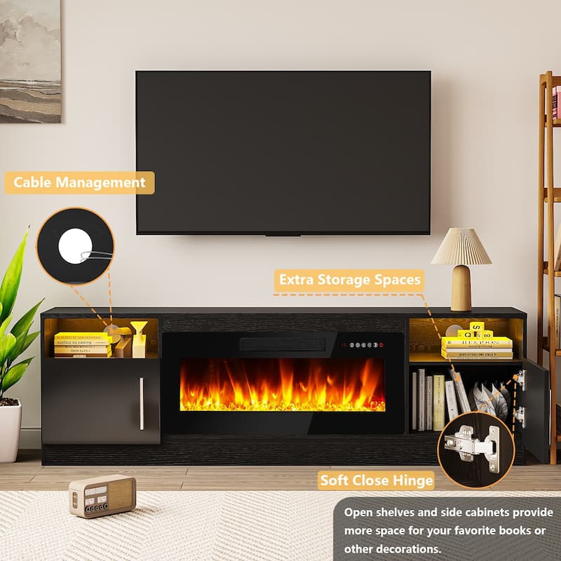 Bossin 70" Fireplace TV Stand with 36" Electric Fireplace, TV Stand for TVs Up to 80", 16 Colors LED Lights/Entertainment Center