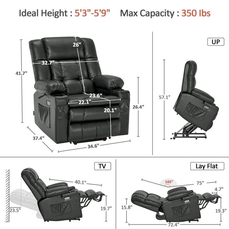 MCombo Medium Dual Motor Power Lift Recliner Chair Infinite Position, Massage and Heat, Extended Footrest, Faux Leather 7890