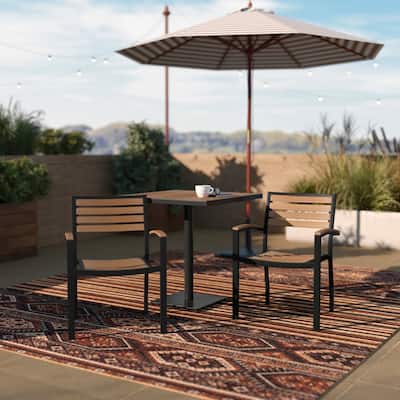 Set of 2 Stackable All-Weather Metal Patio Chairs with Faux Teak Slats