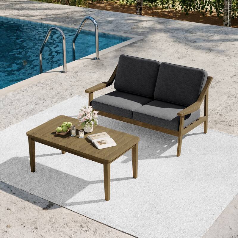 2-piece Brown/ Black Teak Cushioned Patio Loveseat Set with Coffee Table