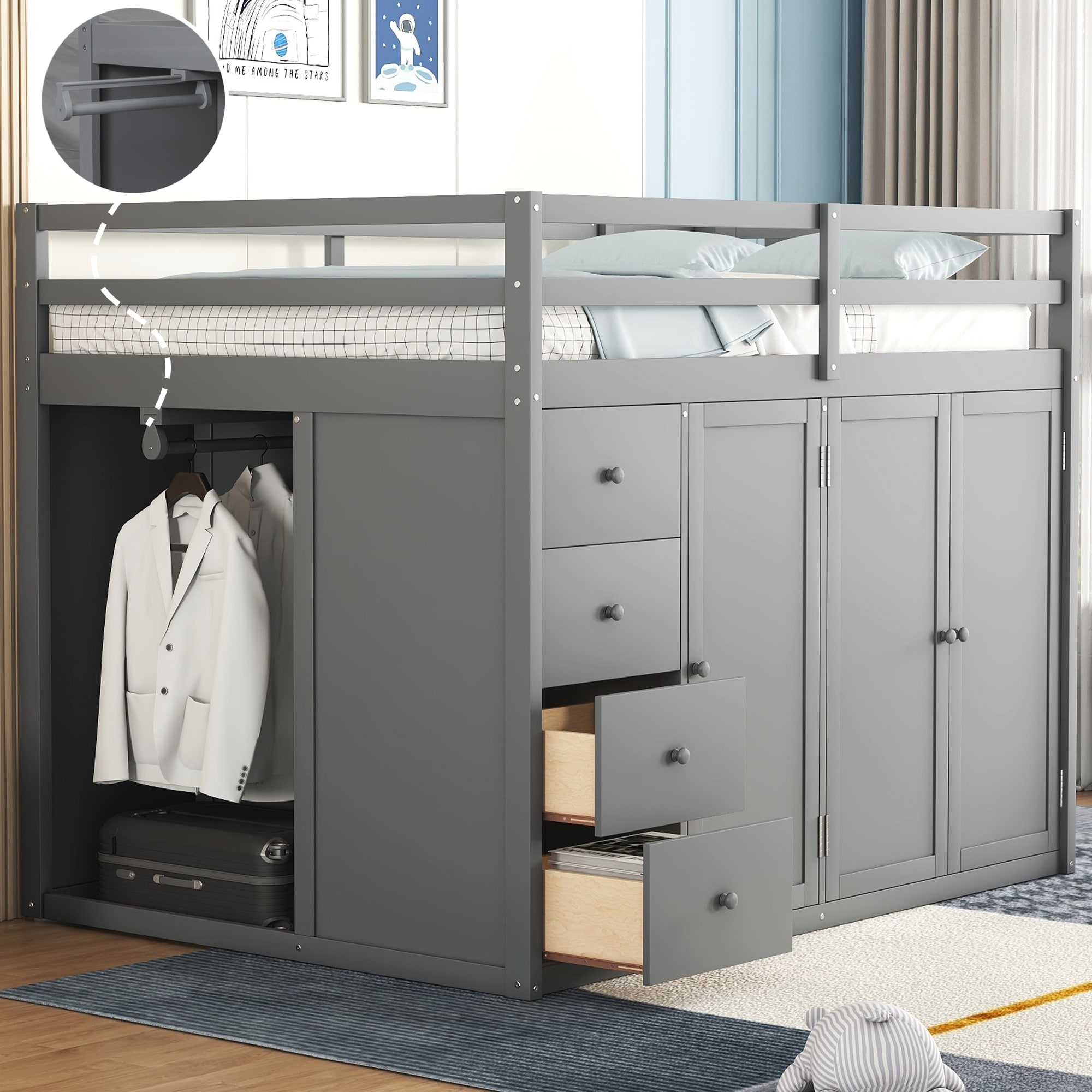 Full Size Wood Loft Bed with Storage Galore