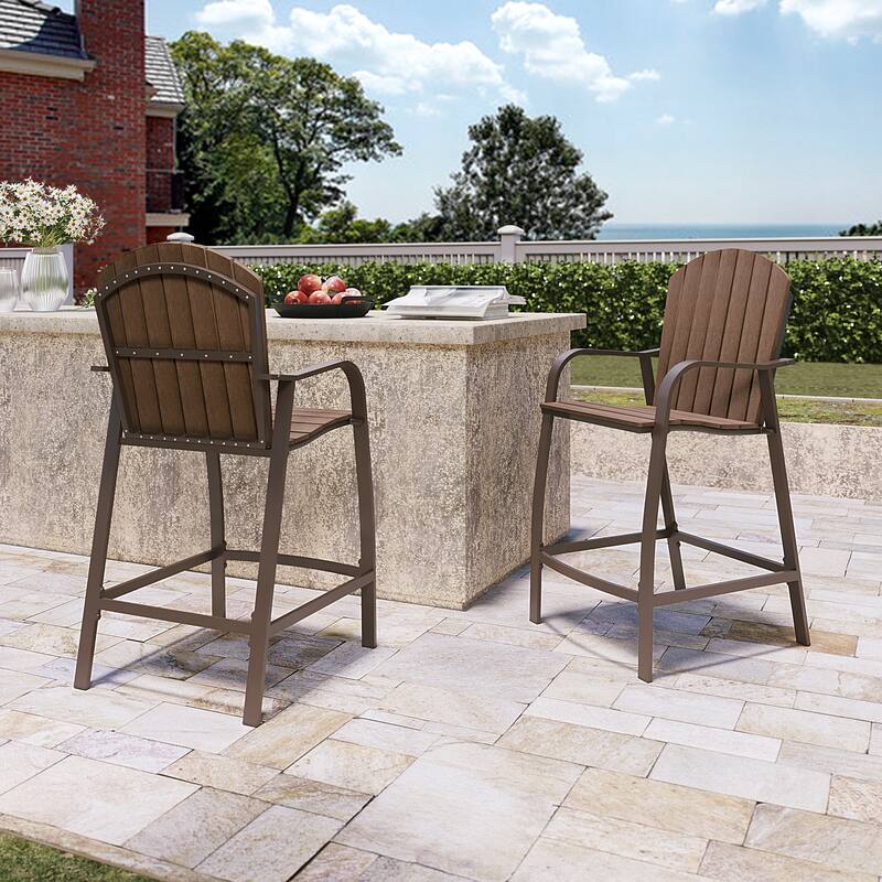 VredHom Outdoor Aluminum Bar Stools Chairs (Set of 2) - 21.96" W x 25.19" D x 48.22" H - Brown