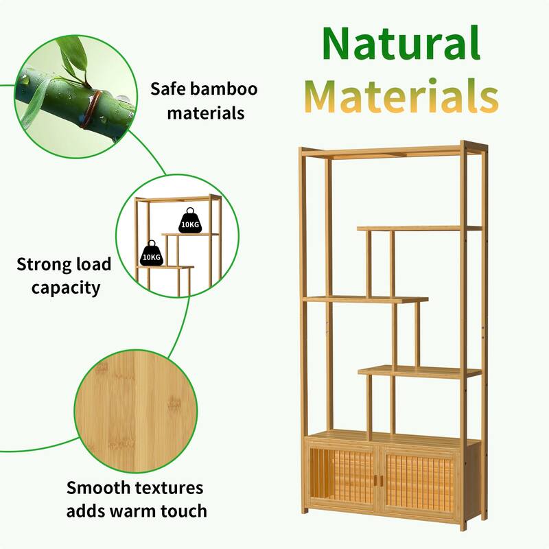 Natural Bamboo 5-Tier Bookcase with Storage Cabinet