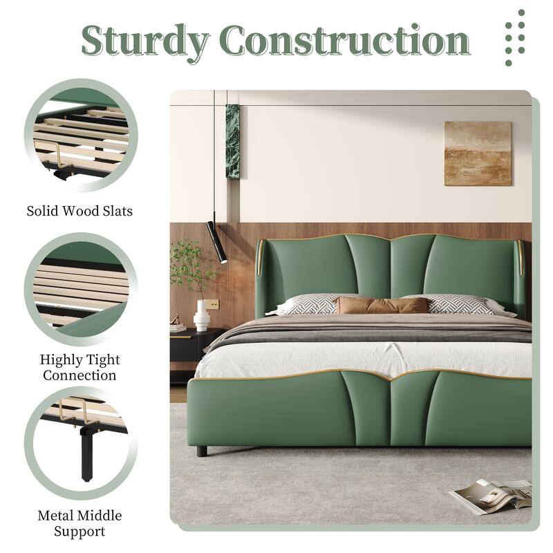 PU Leather Upholstered Bed Wingback Bed, Platform Bed Frame with Wave-Shaped Headboard & Footboard