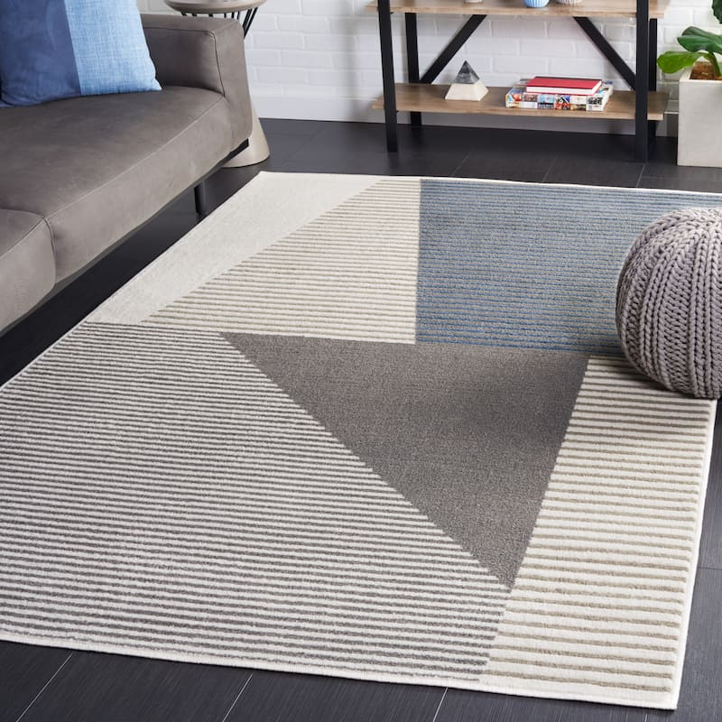 SAFAVIEH Pyramid Exie Contemporary Rug - 6'7" Square - Ivory/Grey Navy
