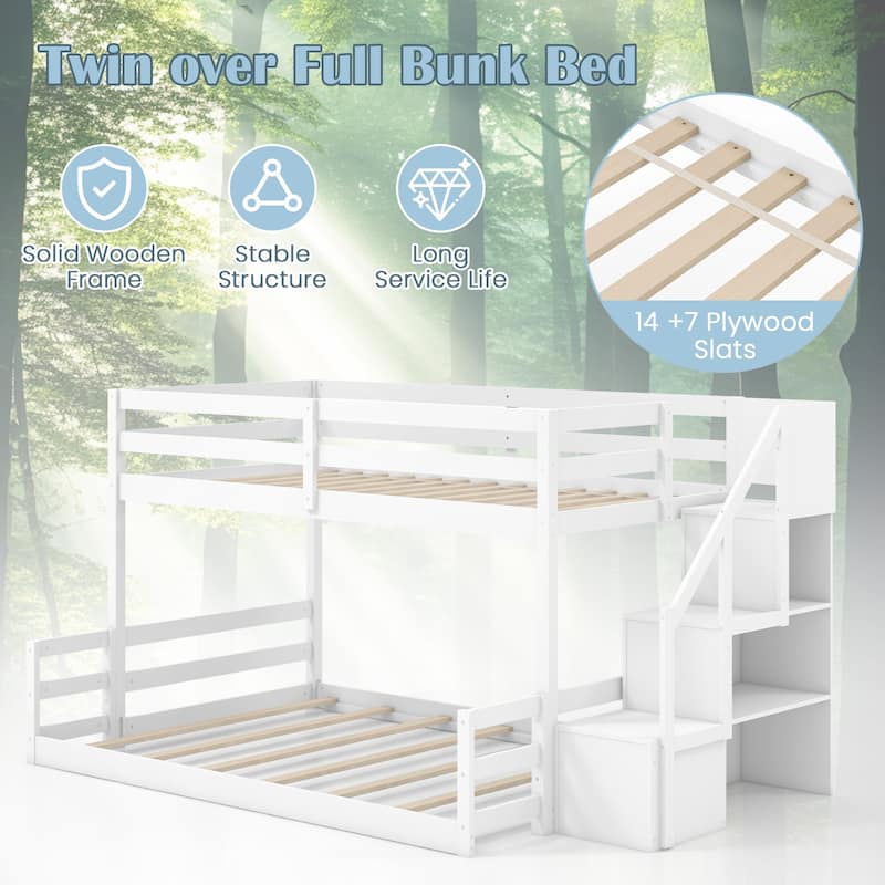 Solid Wood Twin Over Full Low Bunk Bed with Storage Stairs