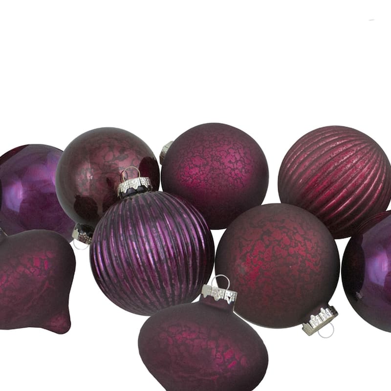 Finial and Glass Ball Christmas Ornaments - Burgundy and Purple - Set of 9