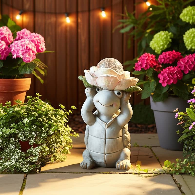 Magnesia Garden Statuary Turtle with Flower and Globe Light - 15" Gray