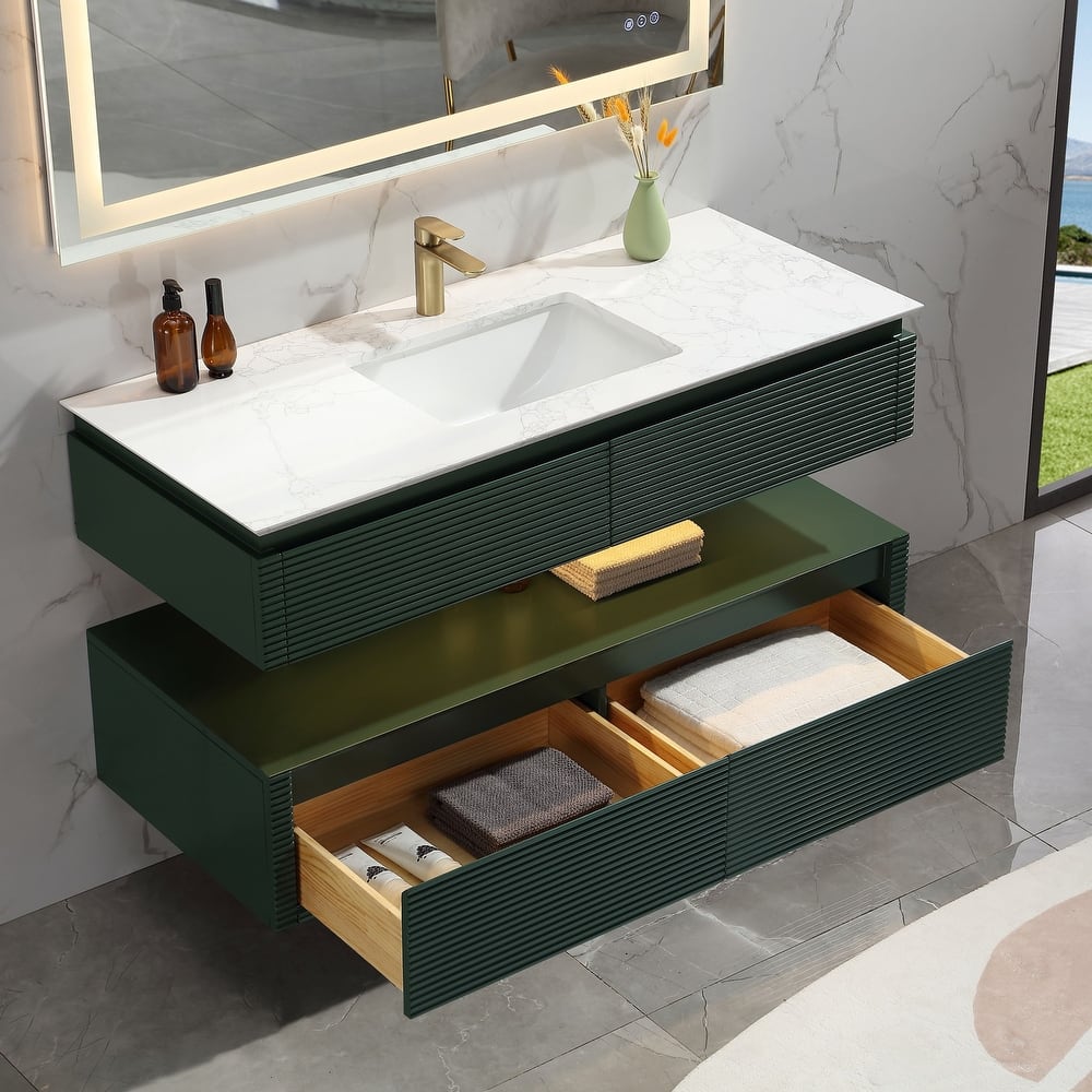 Modland 36/48 Inch LED Floating Vanity with Marble Top & Soft-Close Drawer - Green/White, Wall Drain Ready