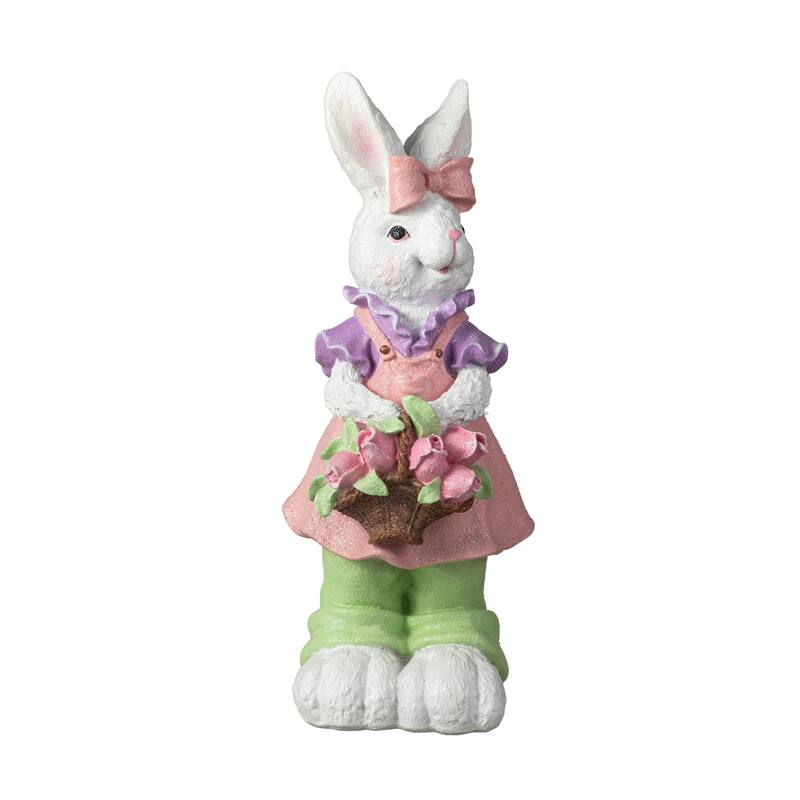 Glitzhome Easter Resin Bunny Boy Girl Table Decor with Flower Rabbit Figurine Ornaments