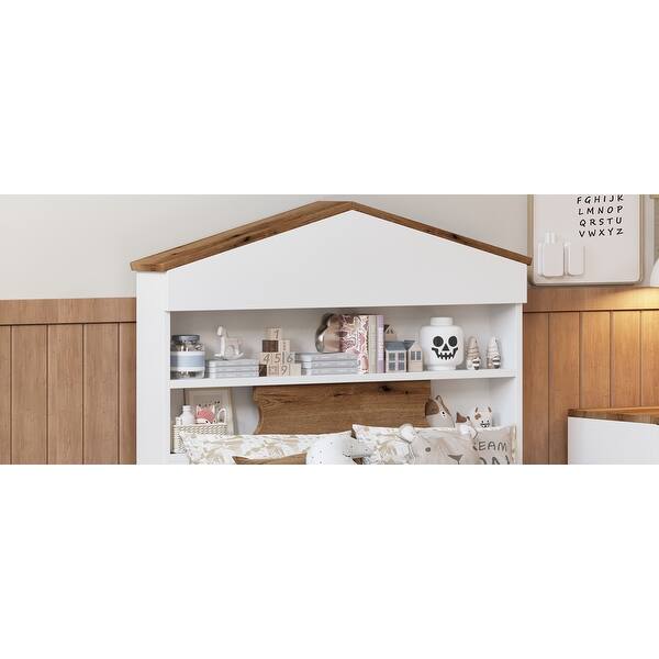 dimension image slide 0 of 3, Twin Size Wooden House Bed Frame - Headboard Storage Shelf and 2 Built-In Drawers