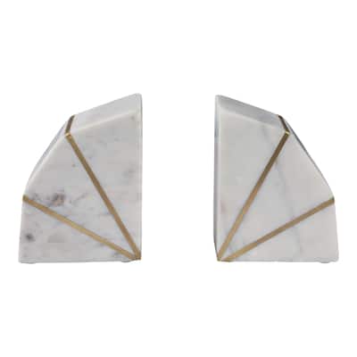 Decorative Marble and Brass Inlay Bookends - 5.5", White & Gold - 4" x 2.5" x 5.5"
