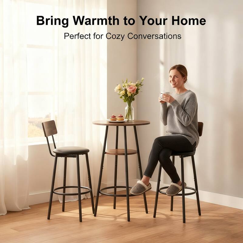 3 Pieces Round Bar Table and Chairs Set, Small Dining Table for 2 with 2-Tier Storage & 2 PU Upholstered Bar Stools