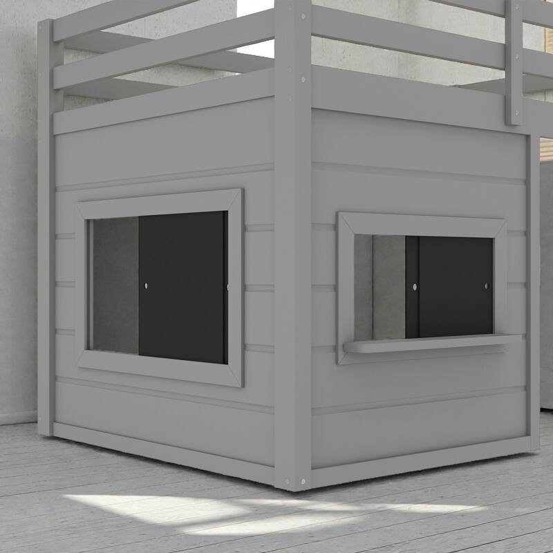 Twin/Full Loft Bed with Sliding Chalkboard, Built-in Bookshelf, Solid Wood Frame & Safety Guardrails, Kids Playhouse Bed