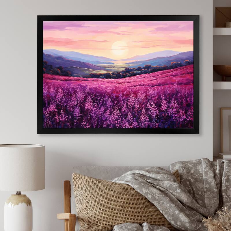 Designart "Bloomed Flower Horizons At Sunset I" Flower Framed Wall Art Prints - 32 in. wide x 24 in. high - Black