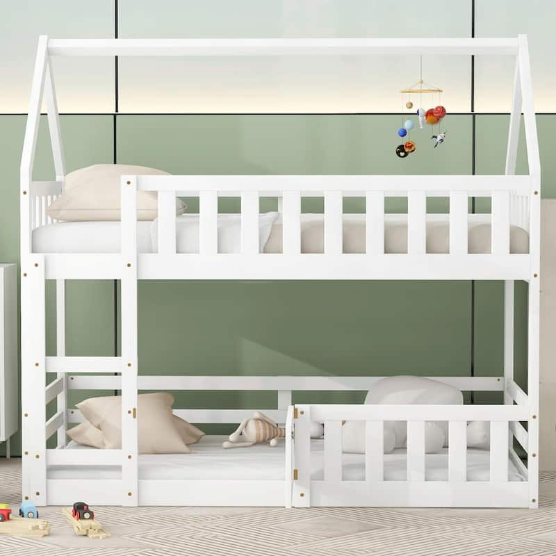 Twin over Twin House Bunk Bed with Fence and Door