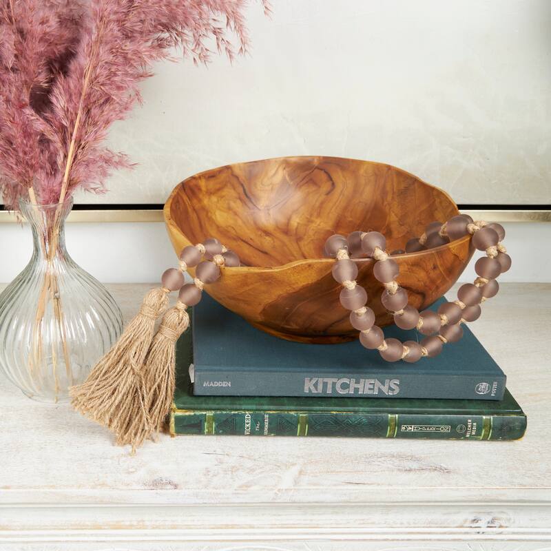 Glass Handmade Round Long Beaded Garland with Tassel with Knotted Brown Jute - Frosted Pink