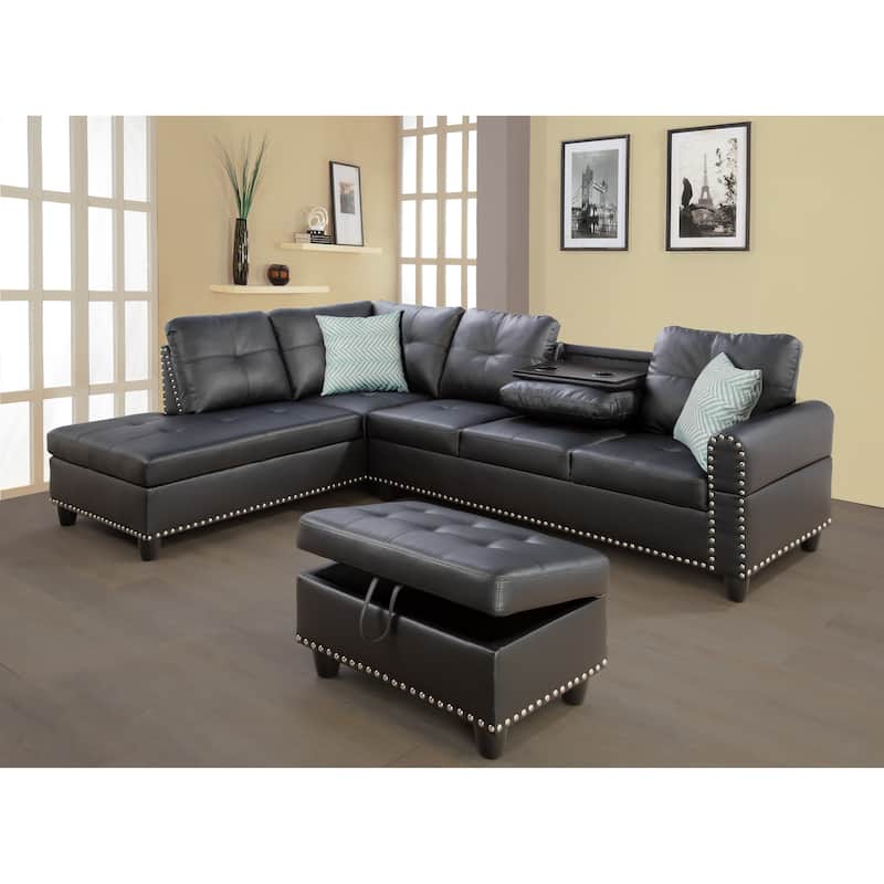 Irine Faux Leather Sectional Sofa with Ottoman - 98"W x 71"D x 33"H