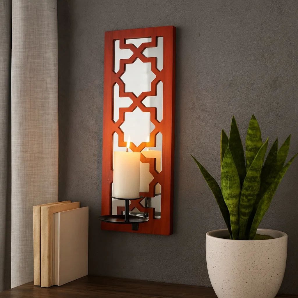 17 Inch Mirrored Wall Art Set of 2, Candle Holder Sconce, Lattice Design, Red
