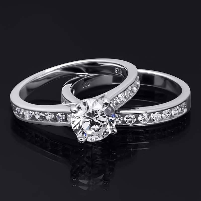 Womens Genuine 2.0 Carat CZ Wedding Band Engagement Ring Set Silver