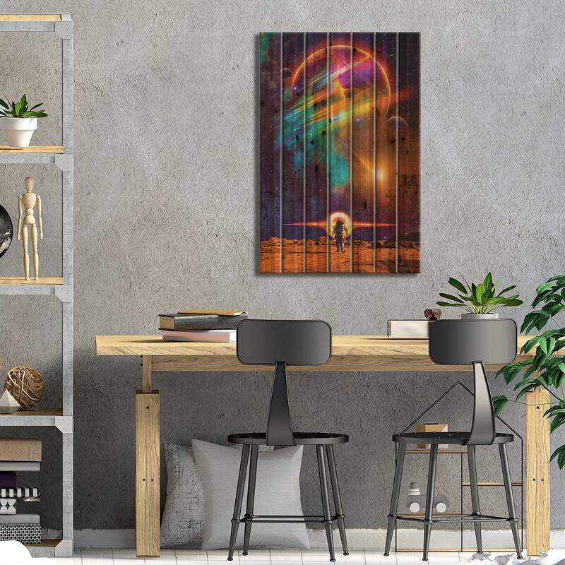 Astronaut Walking On The Planet Mars And Black Hole Print On Wood by GEN Z - Multi-Color