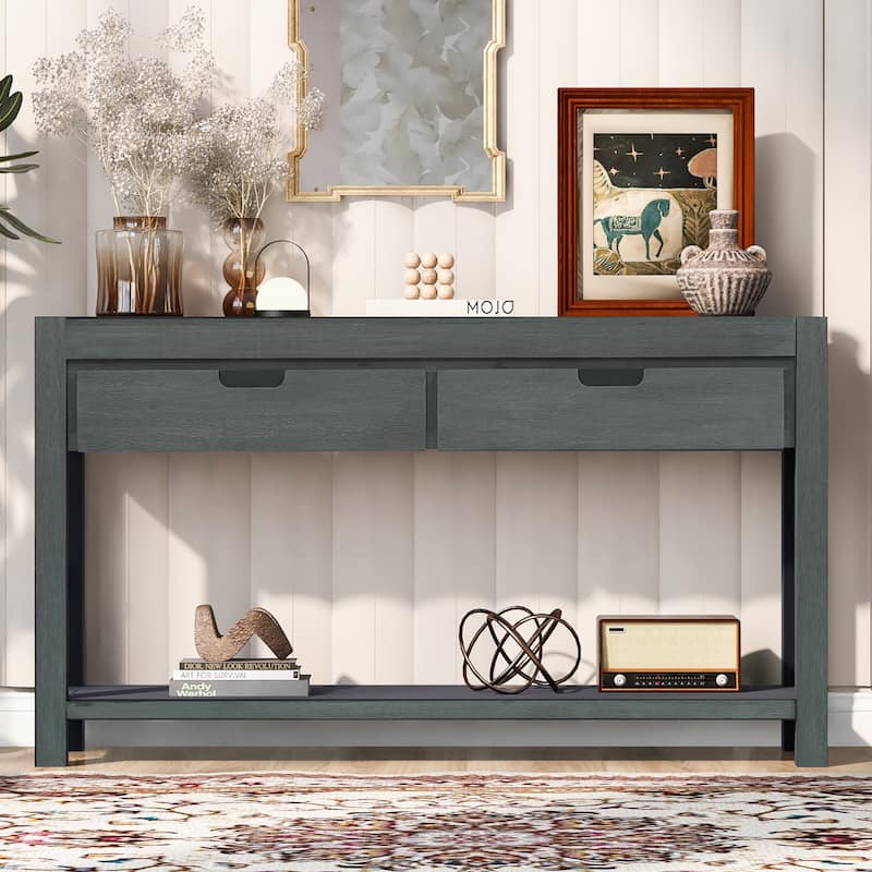 Acacia Veneer Console Sofa Table, Entryway Table with Open Storage Shelf and 2 Drawers Hallway Tables Accent Table
