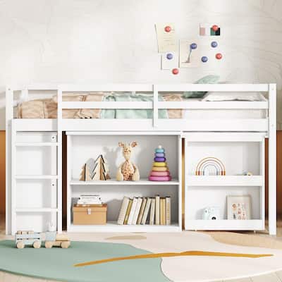Twin Loft Bed w/ Stroage Case & Drawer Cabinet, Shelf Cabinet, Pulling - Out Desk, Rubber Wood Loft Bed w/ Ladder, White