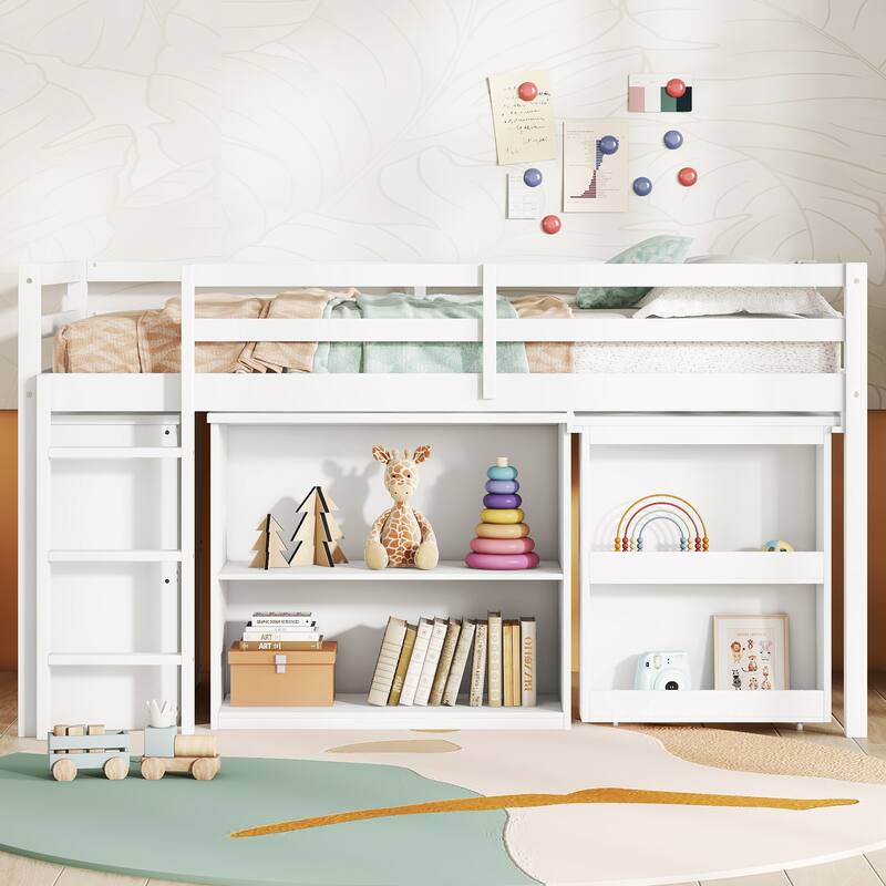 Twin Loft Bed with ,Drawer Cabinet, Shelf Cabinet and Pulling -Out Desk,Rubber Wood Loft Bed with Safety Guardrail ,Ladder,Grey - White