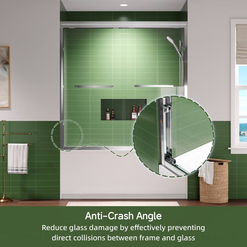 60x60 Sliding Tub Shower Door, Double Bypass, 6mm Tempered Glass, Bright Aluminum Frame, Hidden Rollers, 4 in Adjustable