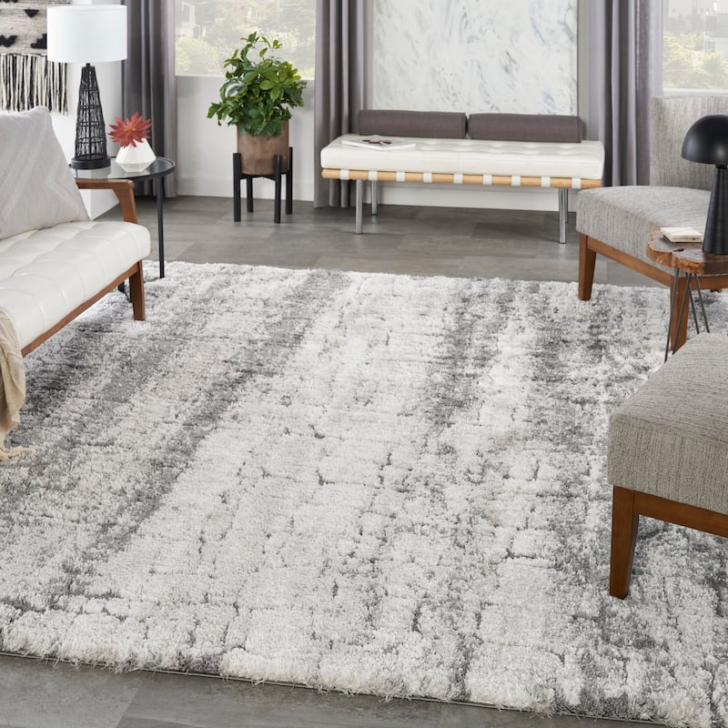 Nourison Luxurious Shag High Pile Contemporary Abstract Area Rug - 9' x 12' - Ivory/Charcoal