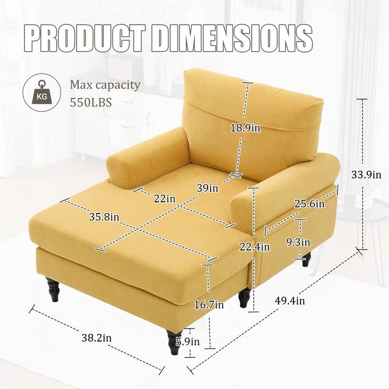 Chenille Fabric Chaise Lounge Arm Chair, Single Sofa Chair Sleeper Recliner