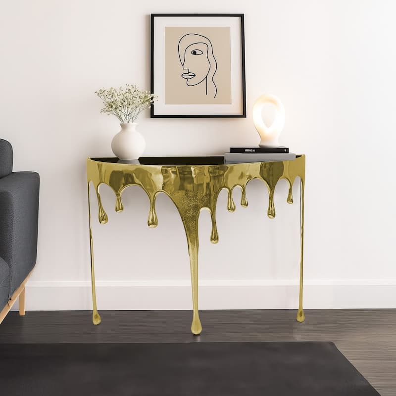 Capri Sofa Console Table, 36.25" Half Moon Glass Top Melting Drip Design Aluminum Cast Antique Gold - Gold, Black.