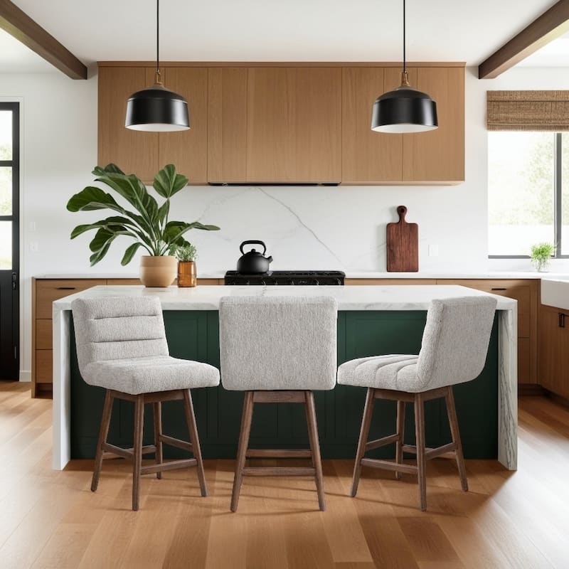 Elias Modern Swivel Bar Stool, Upholstered Counter Stool with Solid Wood Frame - Brown Oak & Morning Fog - Counter Height