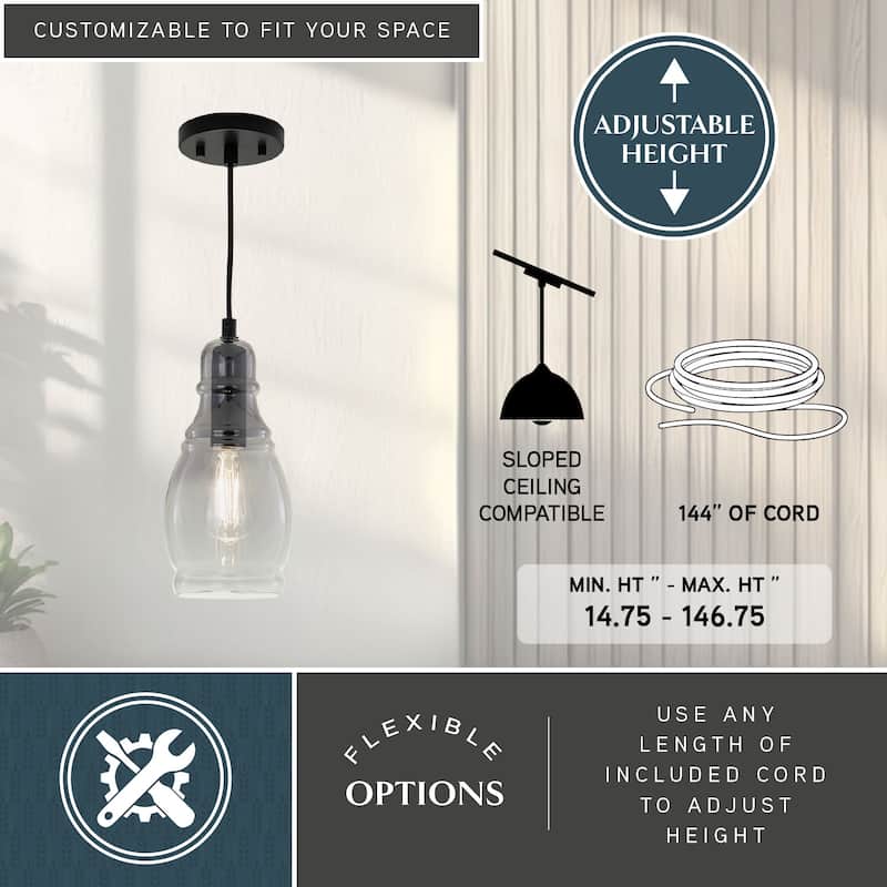 Millie Matte Black Mini Pendant Ceiling Light Smoke Gray Glass - 5.25-in W x 11.75-in H x 5.25-in D